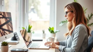 Professional woman working at home office desk with coffee cup and laptop, bright natural window light, modern workspace setup, plants visible in background