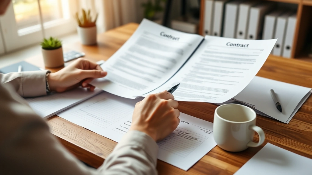 Person reviewing documents and contract papers at wooden desk with reading glasses, professional home office setting, organized workspace with pen and coffee mug