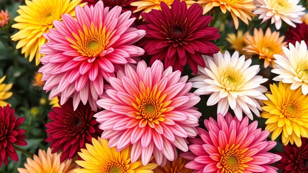 Close-up of vibrant chrysanthemum flowers in full bloom showing multiple color varieties including burgundy, yellow, pink and white petals in garden setting