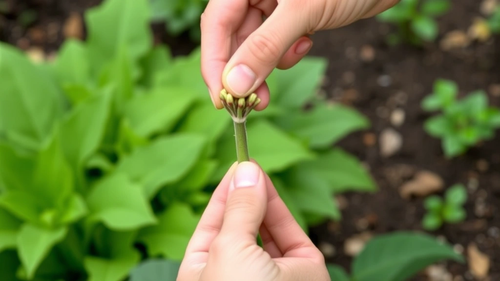 Hands gently pinching the top of a young mum plant stem to encourage branching, with green foliage and garden soil visible in background