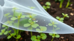 Close-up of fine mesh insect netting draped over young vegetable seedlings in a garden bed, showing water droplets on the protective barrier with green plants visible beneath