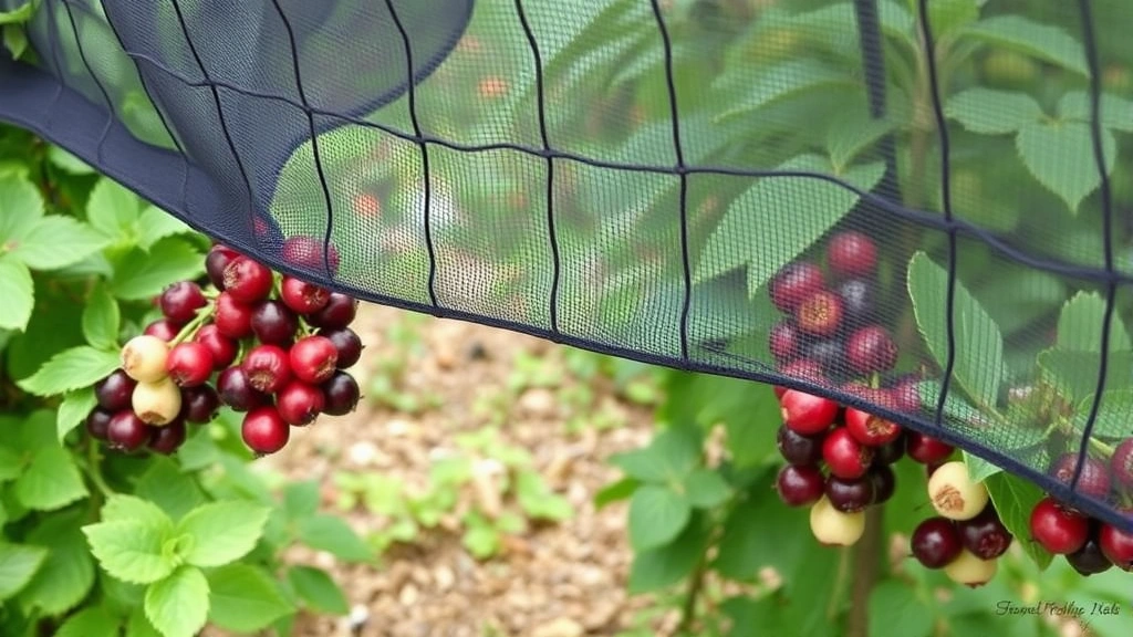 Garden with black bird netting installed over ripening berry bushes, showing proper anchoring with landscape pins along the edges, ripe berries visible through the mesh