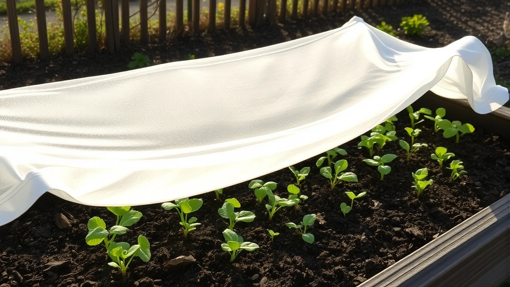 Frost cloth covering early spring vegetable seedlings in a raised garden bed, morning light diffusing through the translucent white fabric, tender plants protected underneath