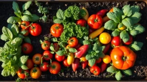 Overhead view of a vibrant raised garden bed with mixed vegetables including tomatoes, peppers, lettuce, and herbs growing together in rich dark soil with mulch, morning sunlight casting shadows