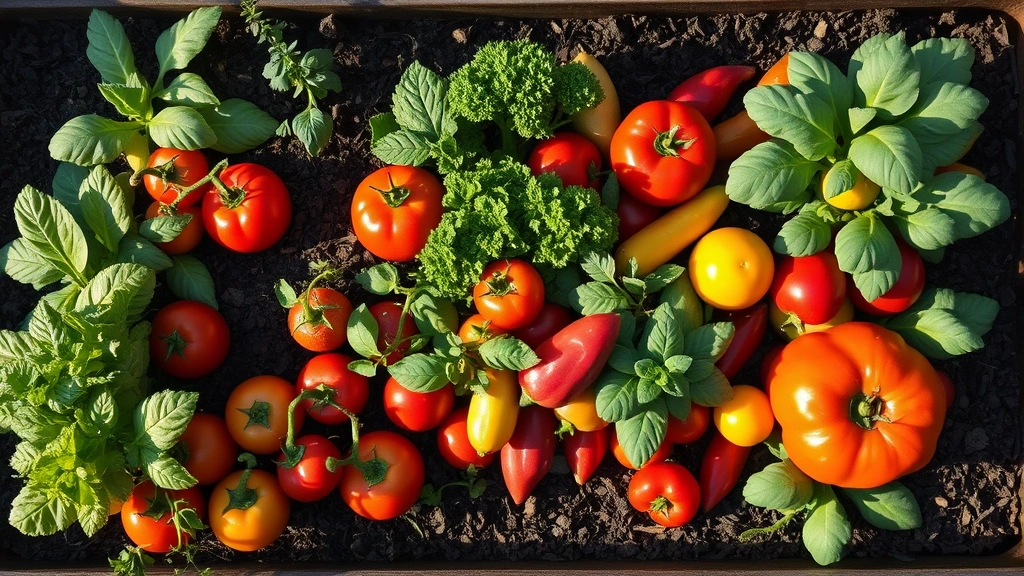 Overhead view of a vibrant raised garden bed with mixed vegetables including tomatoes, peppers, lettuce, and herbs growing together in rich dark soil with mulch, morning sunlight casting shadows