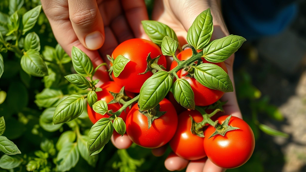 Close-up of hands harvesting fresh ripe tomatoes and basil leaves from a healthy garden plant, showing lush green foliage and productive growth in natural daylight