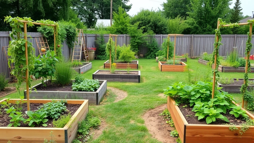 Wide landscape shot of a productive backyard edible garden with multiple raised beds, vertical trellises with climbing vegetables, and a mix of herbs and vegetables at various growth stages
