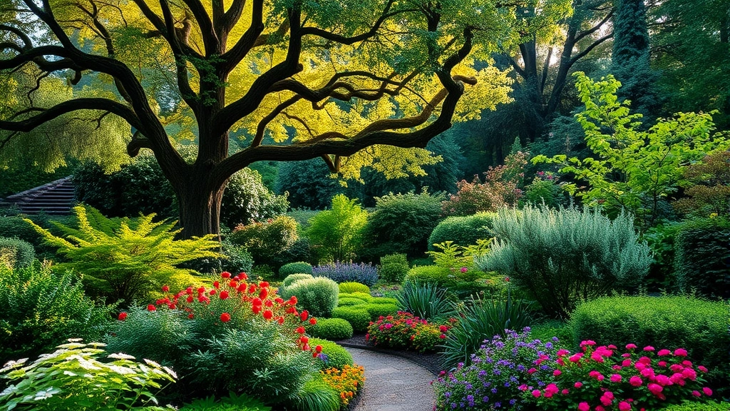 Lush layered garden with canopy trees, understory shrubs, and vibrant perennials in soft morning light, showing depth and natural abundance