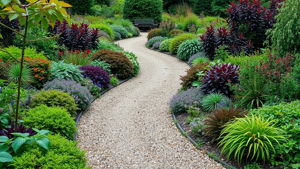 Curved gravel pathway winding through densely planted garden beds with mixed textures, foliage colors, and flowering plants creating inviting discovery