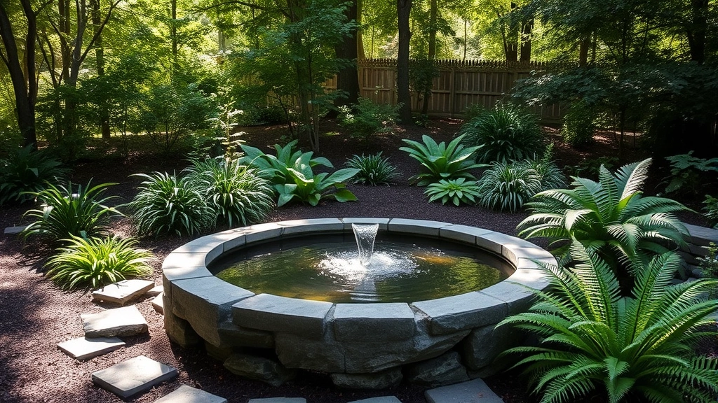 Serene garden water feature with stone basin, surrounded by hostas, ferns, and shade-loving plants with dappled sunlight filtering through trees