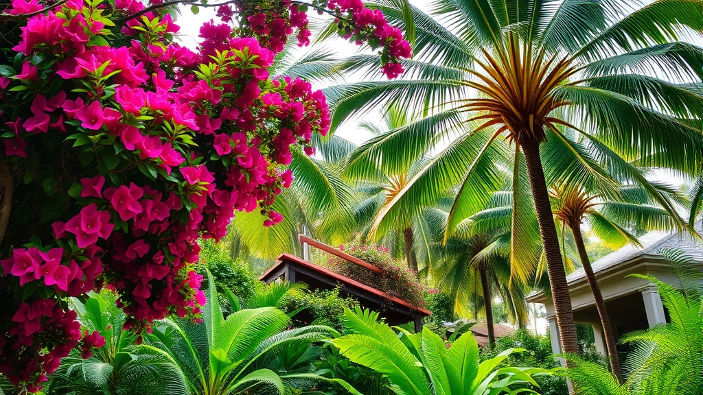Lush tropical garden with cascading bougainvillea vines and towering coconut palms creating layered canopy, dappled sunlight filtering through foliage, vibrant magenta and pink flowers in bloom, verdant green ferns and understory plants, Key West architectural elements visible, humid tropical atmosphere