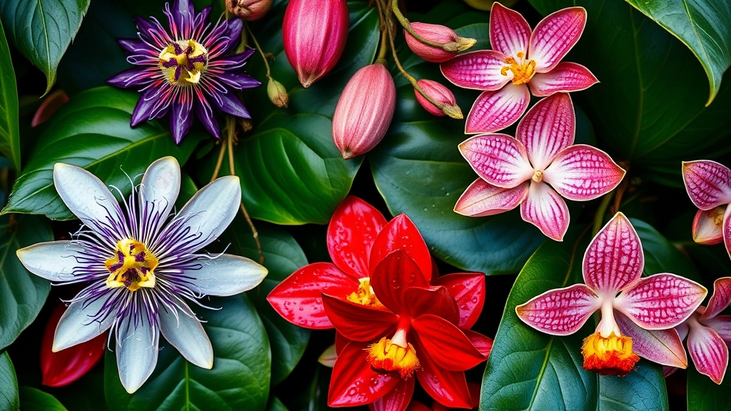 Close-up of exotic tropical flowers in full bloom: passion vines with intricate purple and white flowers, bracts of red anthurium plants, delicate orchid blossoms among broad-leafed tropical foliage, morning dew on petals, rich colors against dark green leaves, botanical detail photography