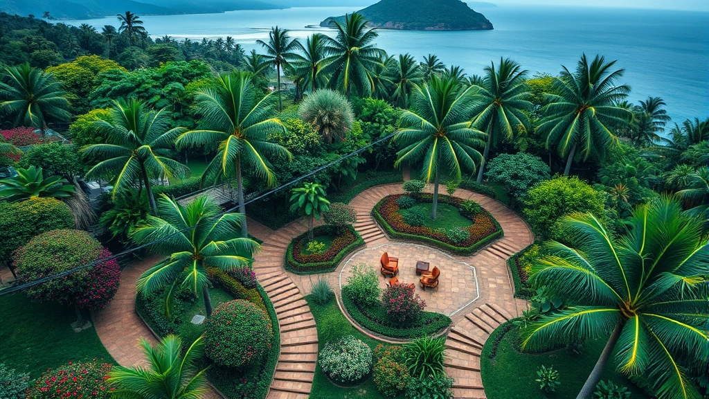 Aerial view of multi-level tropical garden with winding stone pathways, seating areas nestled among flowering trees and shrubs, mature specimen palms creating architectural form, various plant layers visible from above, lush canopy cover, tropical island landscape in background, peaceful garden sanctuary