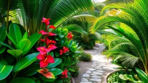 Lush tropical garden with vibrant green foliage, flowering anthuriums in red and pink, winding natural pathways lined with exotic plants, dappled sunlight through palm fronds, intimate garden setting in Key West