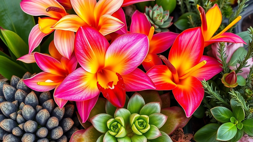 Close-up of colorful tropical flowers including orchids and heliconia blooms, succulent plants with varied textures, herb garden section with basil and rosemary, natural botanical photography with rich color saturation