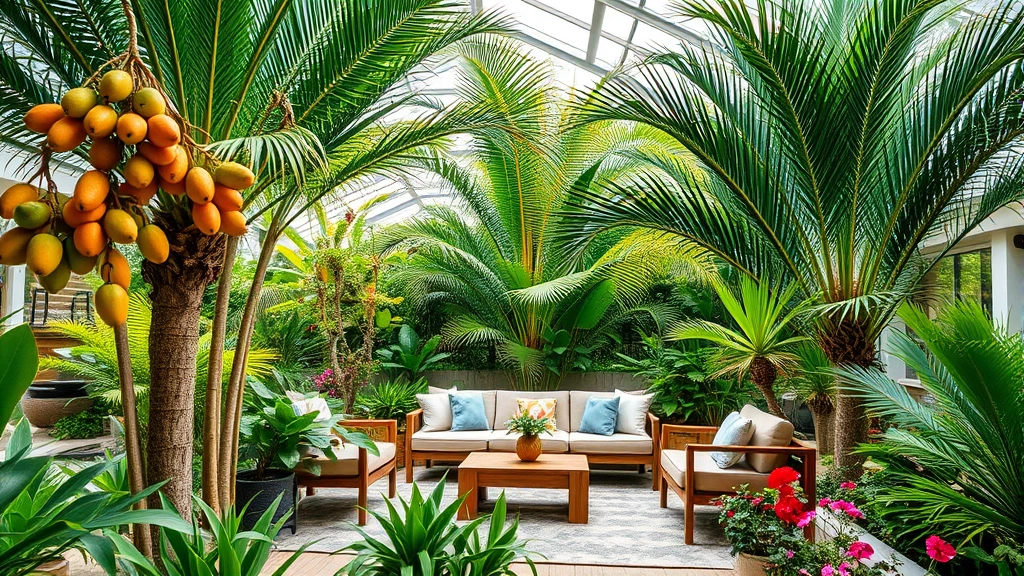 Wide shot of tropical garden room with fruit trees, palm specimens creating vertical structure, comfortable seating area surrounded by flowering plants, peaceful garden atmosphere with natural shade structures visible