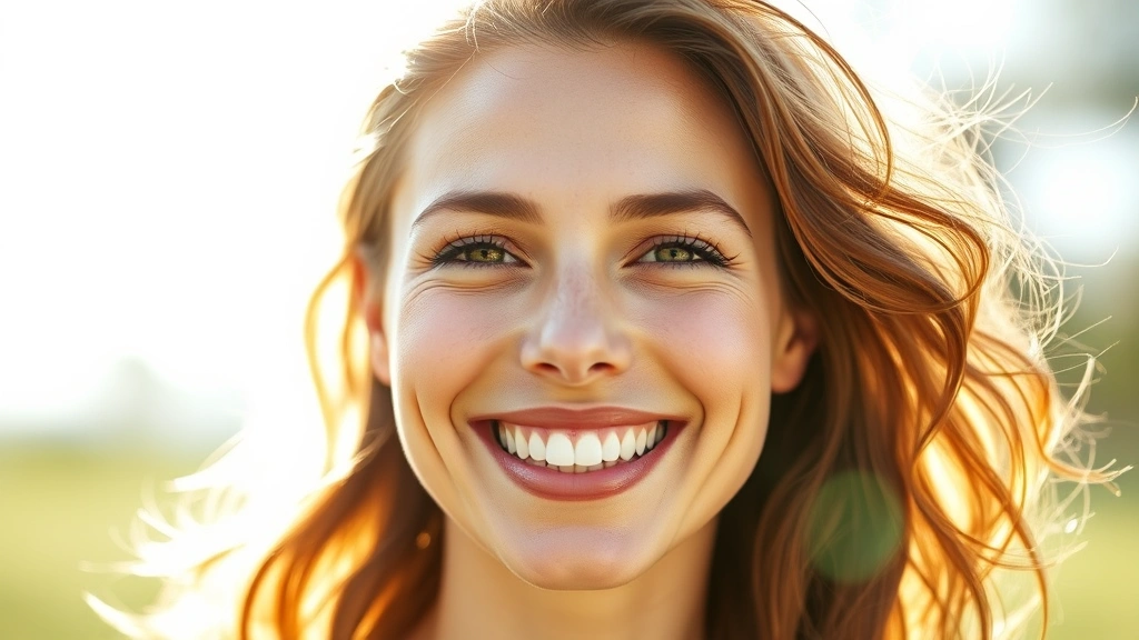 Beautiful woman with glowing, hydrated skin smiling naturally outdoors in sunlight, representing collagen supplementation benefits and skin health results