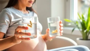 Pregnant woman holding a glass of water with a prenatal vitamin capsule, sitting in bright natural sunlight near a window with green plants visible in background, serene and healthy appearance