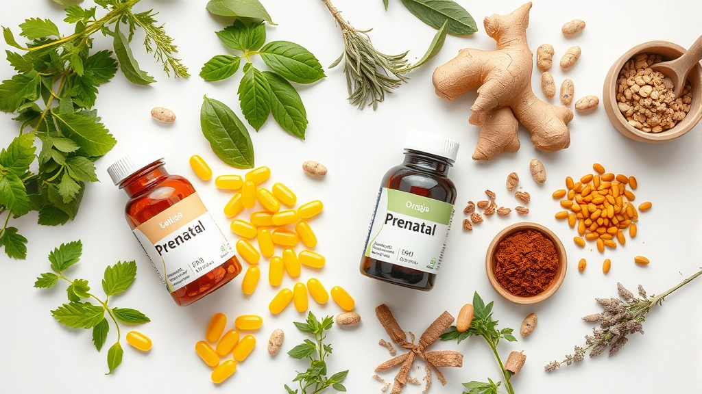 Overhead view of prenatal vitamin bottles and capsules arranged with fresh herbs, ginger root, and organic ingredients on a clean white surface, depicting natural supplement composition