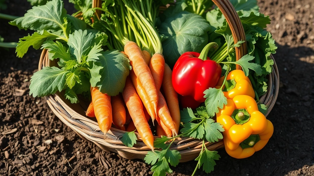 Close-up of fresh garden vegetables like leafy greens, carrots, and bell peppers in a wooden basket on rich garden soil, morning sunlight highlighting the produce