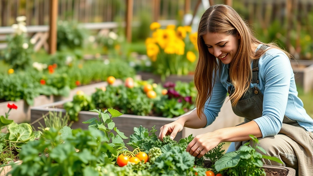Woman gardening outdoors in spring, tending to raised garden beds filled with colorful vegetables and herbs, showing peaceful wellness and natural health connection