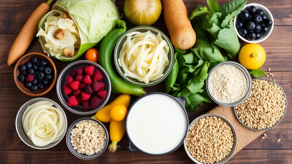 Overhead view of diverse fermented foods and fresh produce arranged on a wooden table including sauerkraut, yogurt, berries, leafy greens, and whole grains in natural light