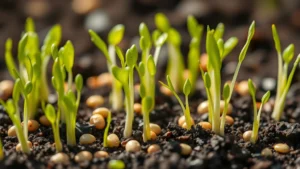 Close-up of sprouted legumes and grains in various stages of growth, showing vibrant green shoots emerging from seeds on dark soil, natural sunlight