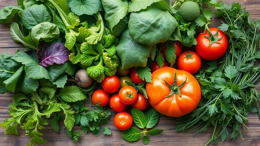 Overhead shot of fresh organic vegetables and herbs from a garden plot including leafy greens, tomatoes, and herbs arranged on wooden surface with morning dew