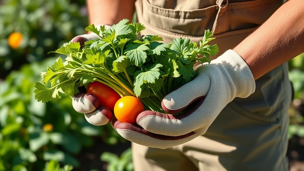 Active gardener in protective gloves holding freshly harvested vegetables, wearing work clothes, displaying physical activity and outdoor gardening work in bright daylight