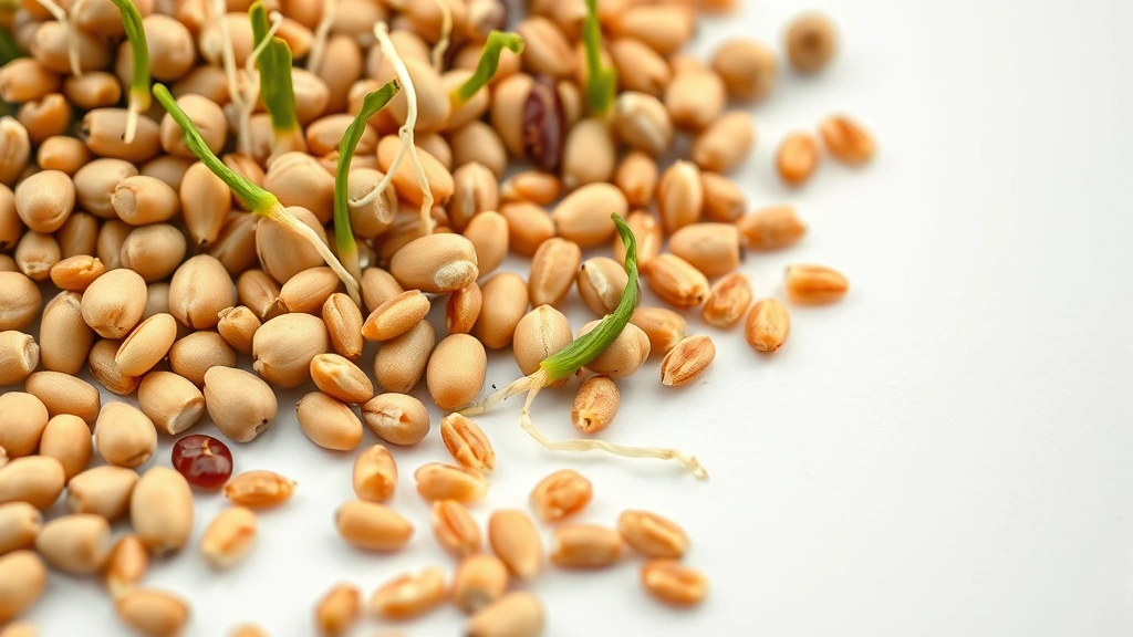 Close-up of sprouted legume seeds and brown rice grains on white background, showing sprouted roots and green shoots, natural lighting, sharp focus on germinated seeds