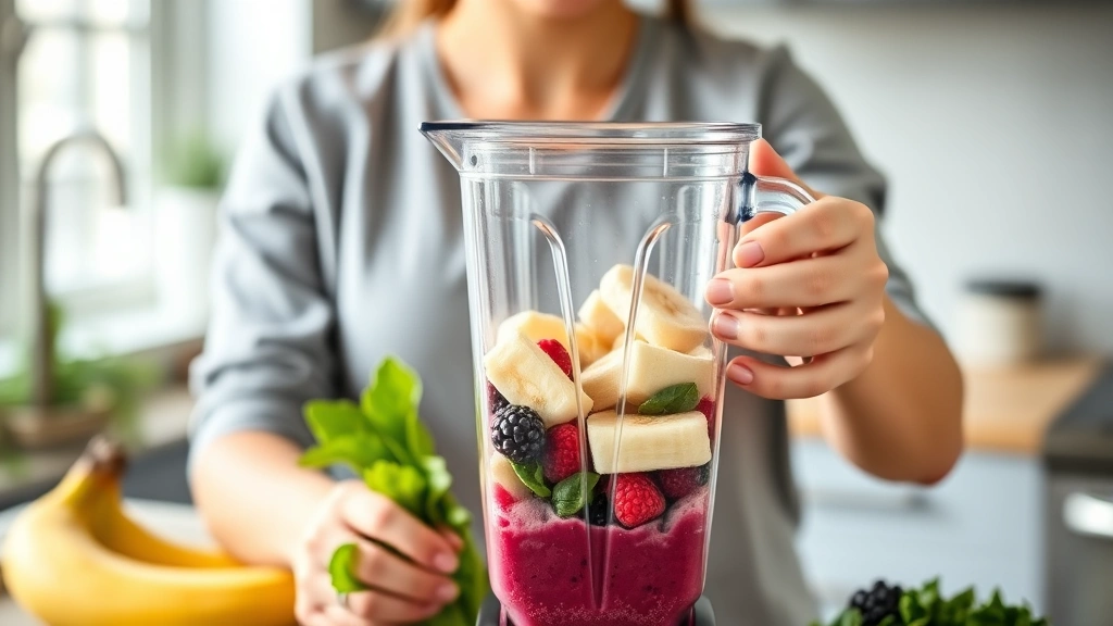 Woman mixing protein powder smoothie in blender with frozen berries, banana, and leafy greens visible, bright kitchen setting, natural daylight, vibrant colors