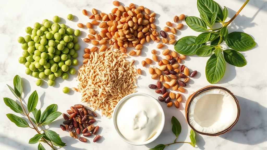 Overhead flat lay of organic ingredients: raw pea protein, sprouted brown rice, legumes, stevia leaves, and coconut oil on marble surface with natural shadows