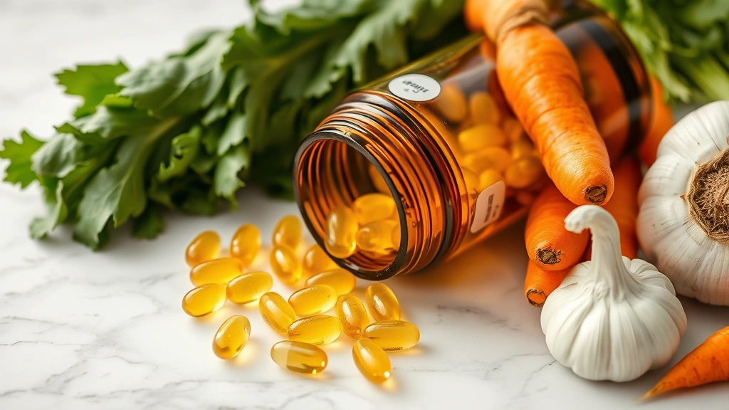 Close-up of probiotic capsules spilling from amber glass bottle surrounded by fresh organic vegetables including leafy greens, carrots, and garlic on white marble surface with soft natural light