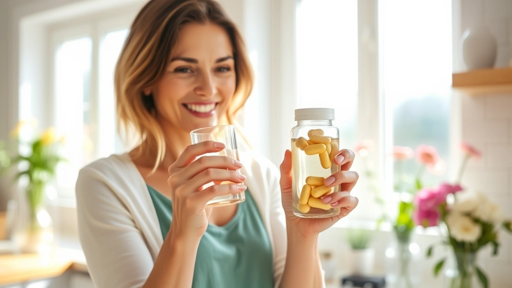 Woman in bright kitchen holding glass of water with probiotic supplement capsule, sunlight streaming through windows, fresh flowers in background, warm and healthy atmosphere