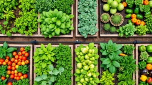 Overhead view of organized raised garden beds with drip irrigation lines, showing neat rows of diverse vegetables including tomatoes, lettuce, and peppers at midday