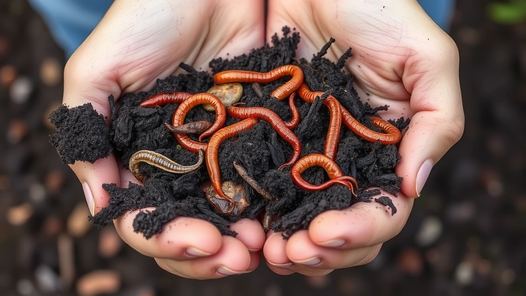 Close-up of hands holding rich dark compost with visible earthworms and organic matter, demonstrating healthy garden soil composition