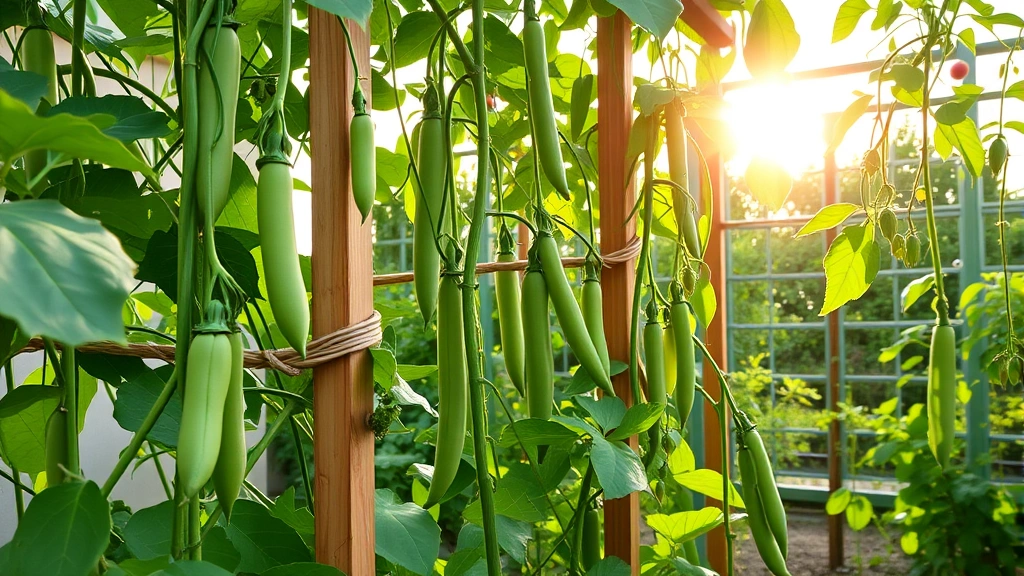 Vertical garden trellis system with climbing beans and peas at peak productivity, showing mature pods and green foliage against morning sunlight