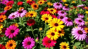 Close-up of vibrant mixed flower garden with zinnias, coneflowers, and black-eyed Susans in full bloom, showing layered plantings and varied heights, natural sunlight creating soft shadows, rich green foliage visible between colorful blooms