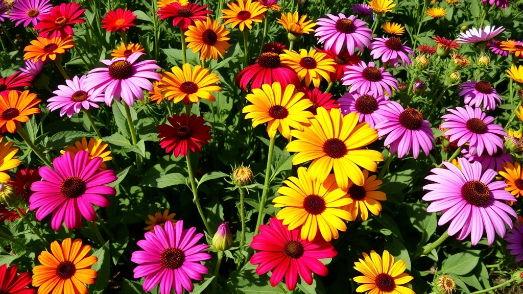 Close-up of vibrant mixed flower garden with zinnias, coneflowers, and black-eyed Susans in full bloom, showing layered plantings and varied heights, natural sunlight creating soft shadows, rich green foliage visible between colorful blooms