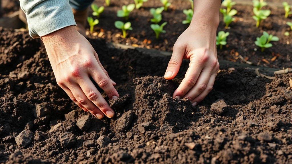 Gardener's hands digging in dark, rich soil amended with compost, showing texture and quality, garden bed in background with freshly planted seedlings and mulch, morning light illuminating the workspace