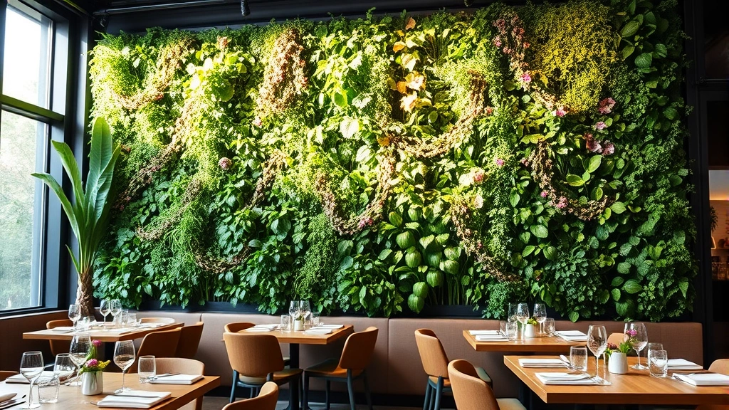 Lush green living wall with cascading herbs and edible flowers in modern restaurant dining area, natural light streaming through windows, place settings visible below