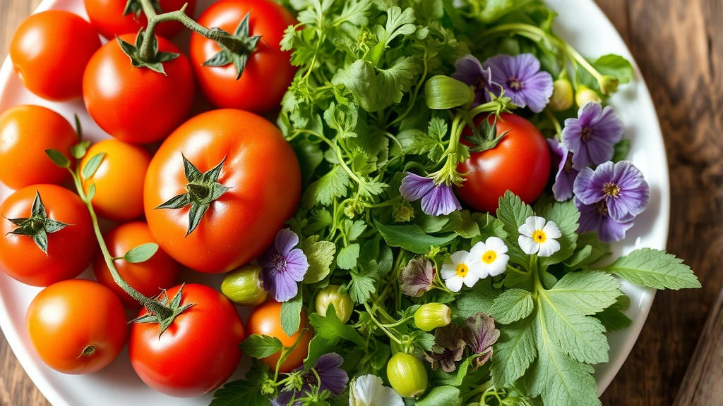 Fresh seasonal vegetables and herbs arranged artfully on white plate, including heirloom tomatoes, microgreens, edible flowers, and leafy greens, soft natural lighting