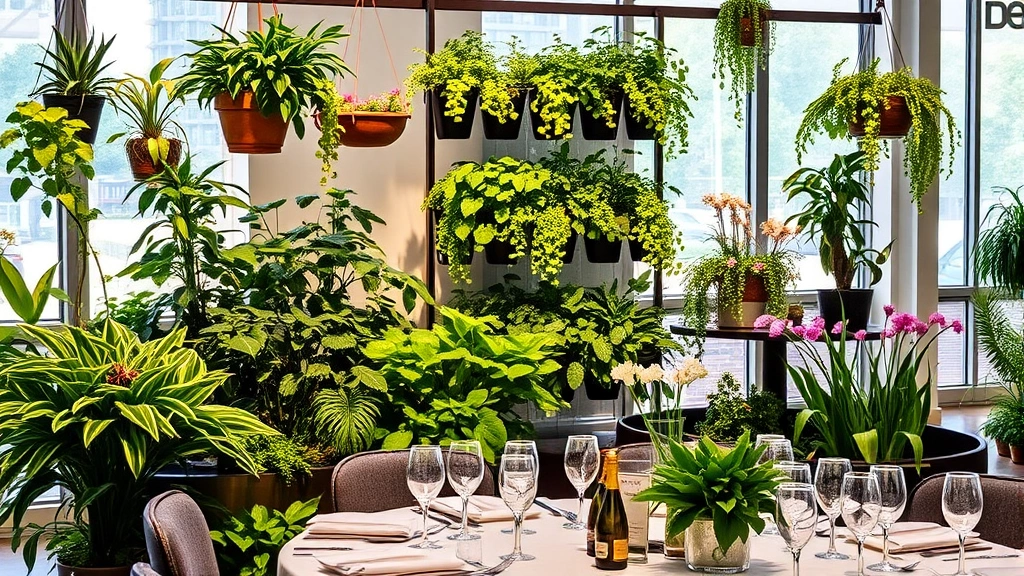 Interior botanical garden display with hanging planters, vertical herb gardens, and flowering plants surrounding elegant table settings with place cards and glassware