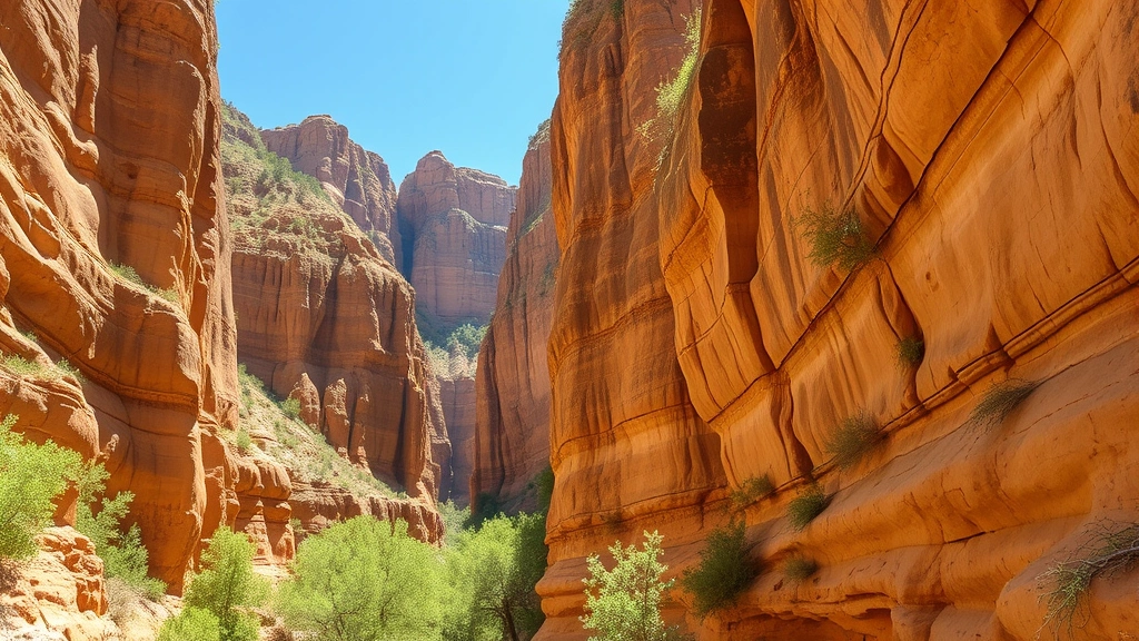 Towering sandstone cliff formations with golden-tan colored rock faces, dramatic geological stratification, lush green vegetation growing from cliff sides, natural canyon landscape, clear sunny day lighting, photorealistic natural scenery