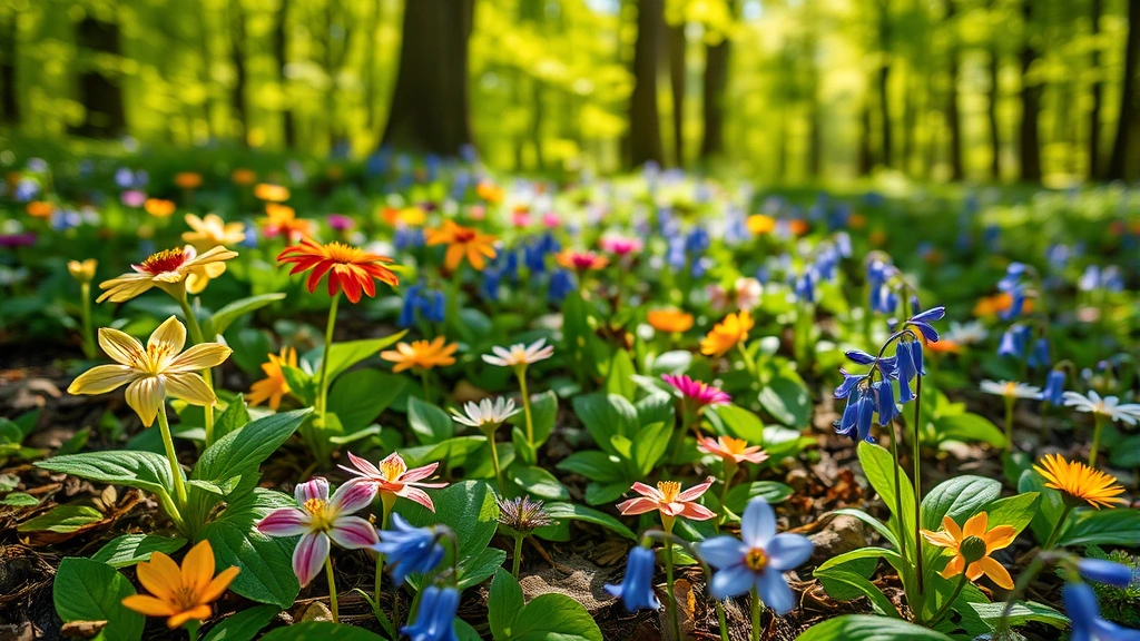 Vibrant native wildflowers blooming on forest floor, colorful spring flowers including trilliums and bluebells, dappled sunlight through tree canopy, naturalistic woodland garden setting, shallow depth of field on flowers, photorealistic botanical details