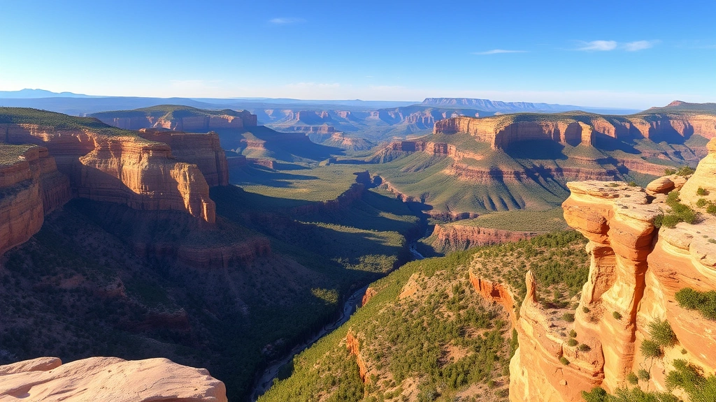Panoramic vista of layered sandstone cliffs and forested canyon from elevated viewpoint, expansive landscape view, dramatic geological formations, green vegetation covering lower slopes, clear sky overhead, golden hour sunlight, photorealistic nature photography