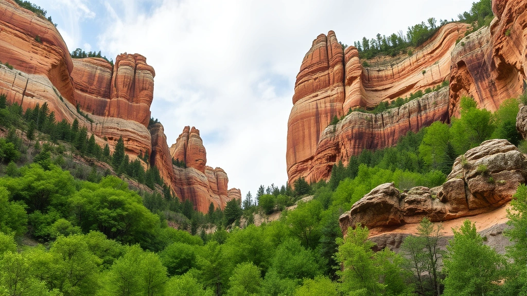 Dramatic sandstone cliff formations towering above dense green forest canopy with rocky outcrops, natural geological landscape in Illinois