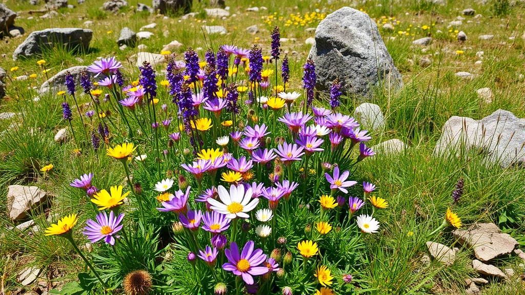 Vibrant wildflower meadow with purple, yellow, and white blooms among native grasses and rocky terrain in spring sunlight