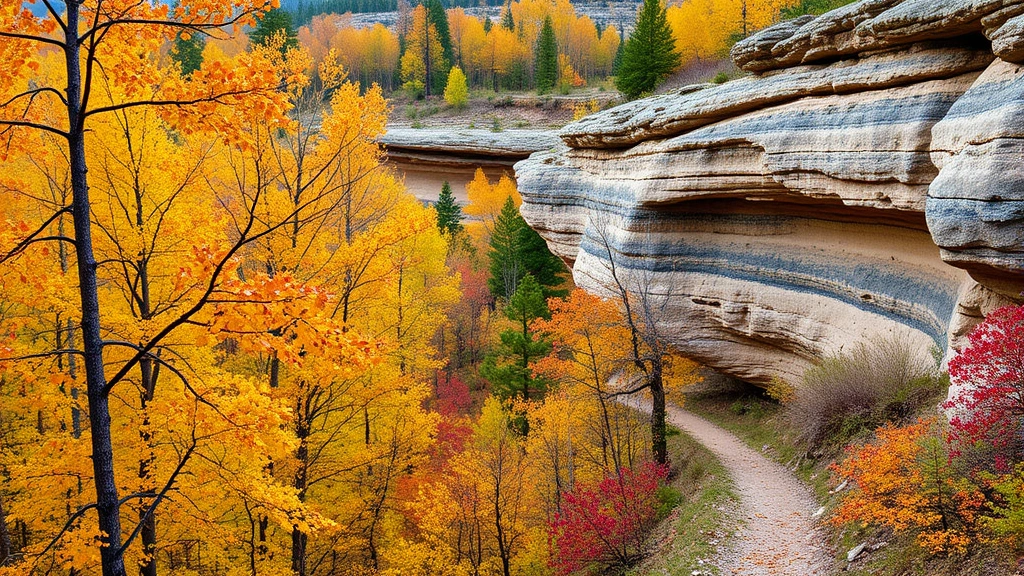 Autumn forest scene showing golden and red foliage with exposed sandstone bluffs and hiking trail winding through natural landscape