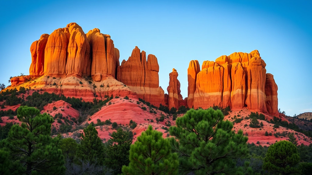 Dramatic red sandstone rock formations at Garden of the Gods Colorado Springs with blue sky and ponderosa pine trees in foreground during golden hour sunset light